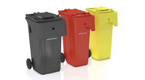 Schäfer Abfall- und Wertstoffbehälter der Serie DU  aus HDPE, Größe 60 L - 360 L, Rumpffarben: schwarzgrau, grün, blau, braun, Deckelfarben: schwarzgrau, rot, gelb, grün, blau, braun