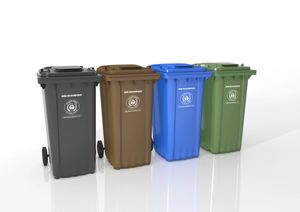 Schäfer Abfall- und Wertstoffbehälter der SerienPro Wave und GMT aus HDPE, Größe 60 L - 360 L, , Rumpffarben: schwarzgrau, grün, blau, braun, Deckelfarben: schwarzgrau, rot, gelb, grün, blau, braun.