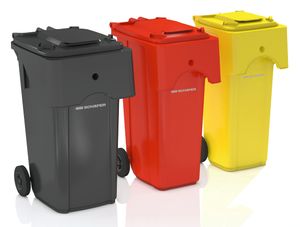 Schäfer Abfall- und Wertstoffbehälter der Serie DU  aus HDPE, Größe 60 L - 360 L, Rumpffarben: schwarzgrau, grün, blau, braun, Deckelfarben: schwarzgrau, rot, gelb, grün, blau, braun