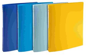 Exacompta Bee Blue Ringbinders with different spine widths and mechanism types; 3-flap folders,
filing boxes and 3-flap multipart files, each with elastic straps; colours: yellow, light blue, turquoise blue, dark blue.