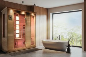 axotherm® Infrared deep heat cabins made of cedar wood, untreated surface, types: 100, 115, 125, 150, 160, 180, 180 Family, 180 Lifestyle and 200 with serial or additional equipment.