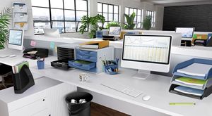Lyreco Storage products made of injection-molded plastic (letter tray, waste garbage can, pencil cup, desk module, wall shelf...) in the colors black, grey or blue-grey