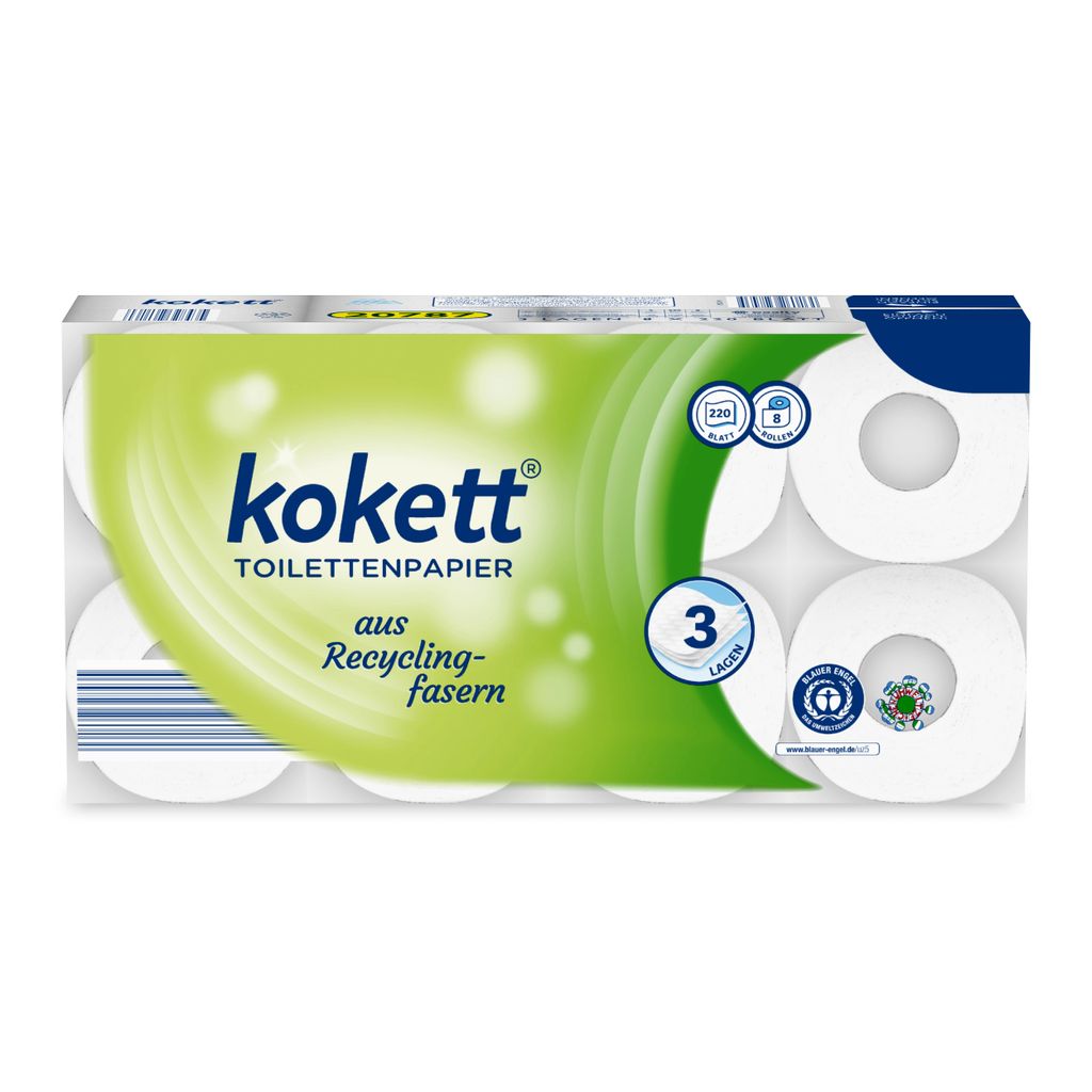 Hofer Kokett Recycling Toilettenpapier 3-lagig 8 Rollen Promo | Blauer Engel