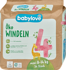babylove nature Diapers, size 2 (mini), 3 (midi), 4 (maxi), 5 (junior) und 6 (xxl)