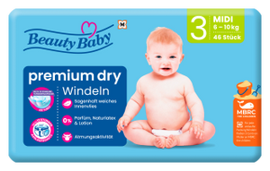 Beauty Baby Premium Dry Diapers, Size Midi, Maxi, Maxi+, Junior, Junior+, XL, XXL, XXXL