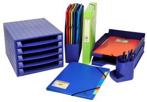 Exacompta Forever® recycled PP, ringbinders with different spine width ans mechanism types, 3-flap folder, filing boxes and multipart files each with elastic straps, dividers 5,6,10 or 12 parts; colours: turquoise blue, blue, red, orange,green, yellow and dark blue