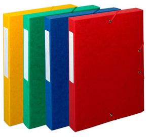 Recycelte Archivboxen mit Gummizug in Einzelfarben und farblich sortiert